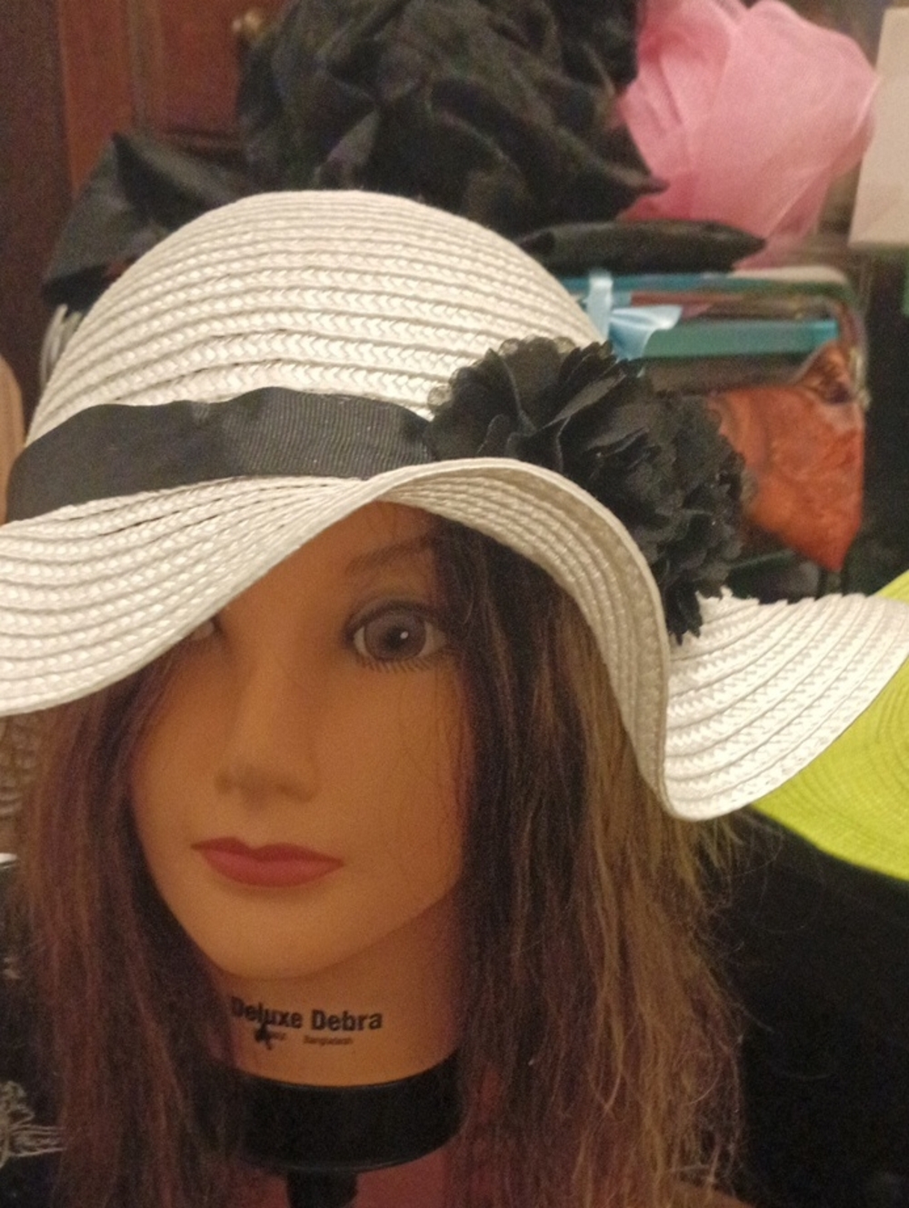Women’s Wide Brim Sun Hat with Black Flower Trim